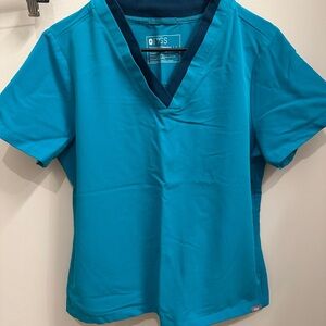 Figs Teal V-Neck Scrub Top with Navy Trim